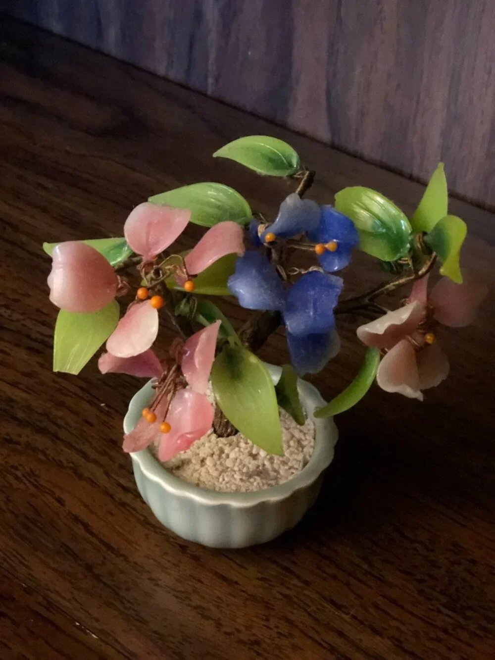 Vintage Miniature Bonsai Jade Glass Tree Pink and Periwinkle Blue Flowers